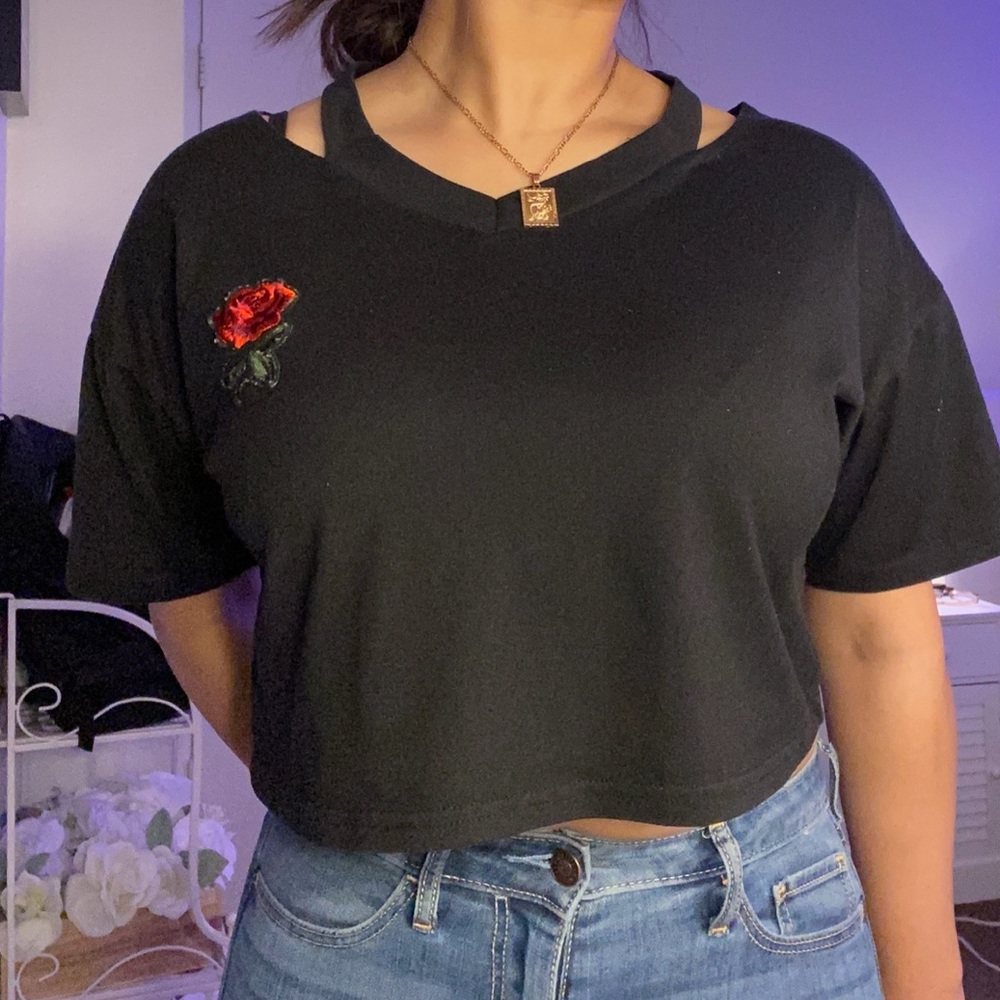 Black Crop Top with Red Rose